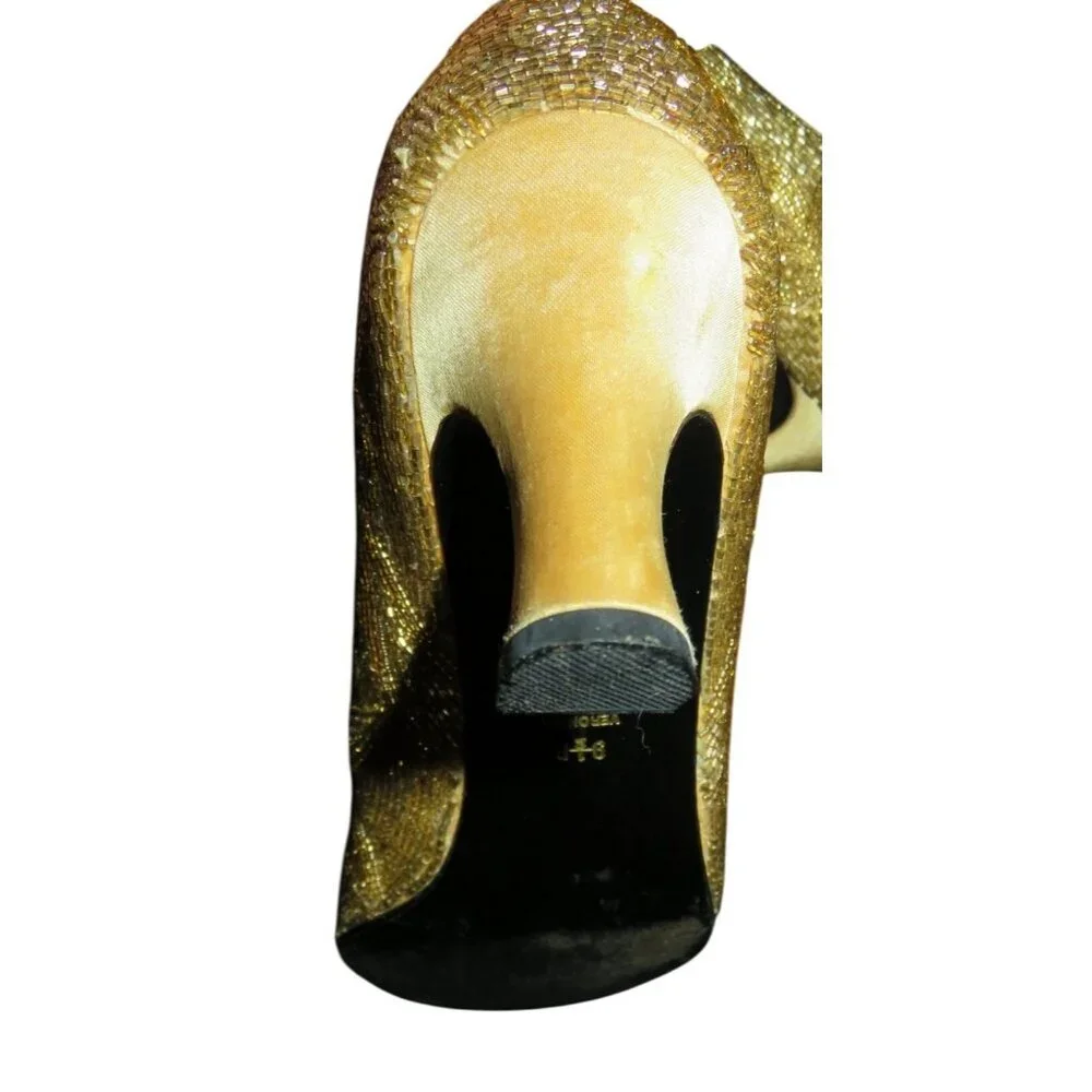Valerie Stevens Veronica Gold Beaded Leather Kitten Heel Closed Toe Pumps